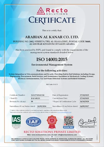ISO 14001:2015 certificate issued to Arabian Al Kanar Co. Ltd.
