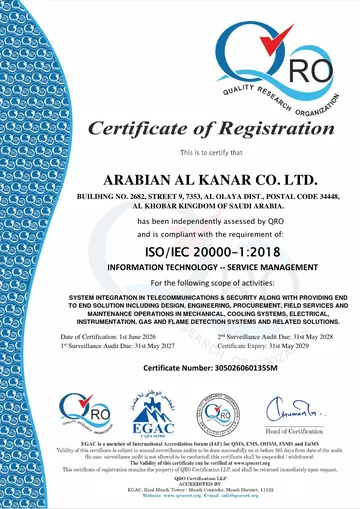 ISO/IEC 20000-1:2018 certificate issued to Arabian Al Kanar Co. Ltd.